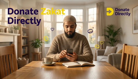 UK donor calculating and giving zakat at home in a warm, calm setting.