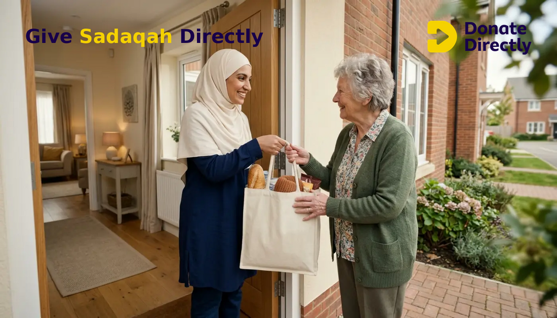British Muslim woman giving groceries to a neighbour as Sadaqah in a bright UK home