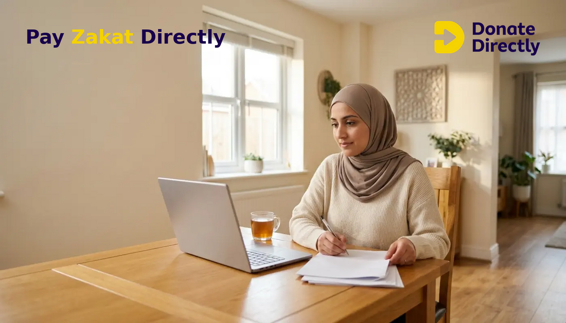British Muslim woman calculating Zakat in a bright UK home with an unreadable laptop screen.