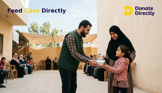 Volunteer giving food to a child and parent in Gaza in a calm, dignified setting
