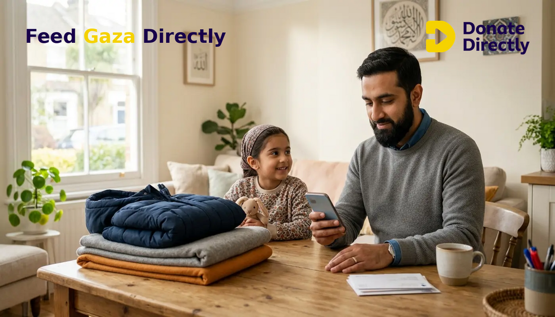 British Muslim father donating for Gaza winter aid in a bright UK home.