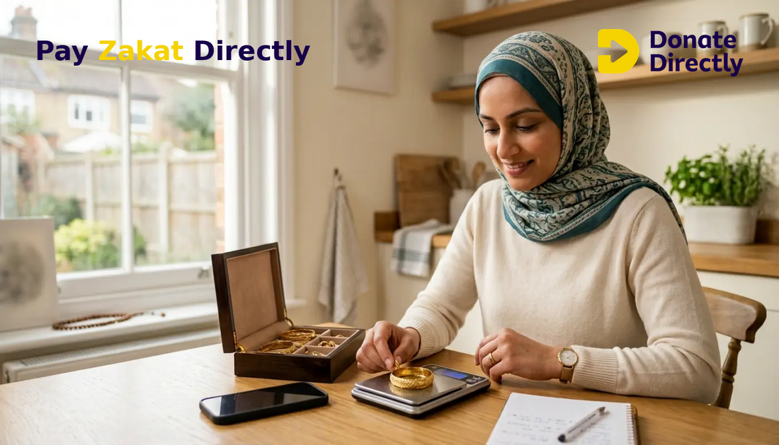 British Muslim woman calculating Zakat on gold jewellery in a bright UK home