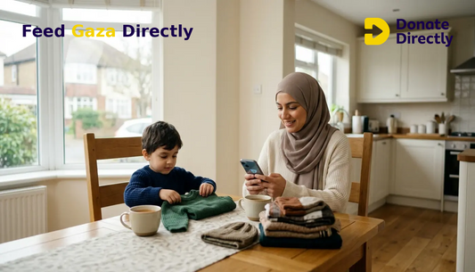 British Muslim mother donating from home to support Gaza clothing relief.