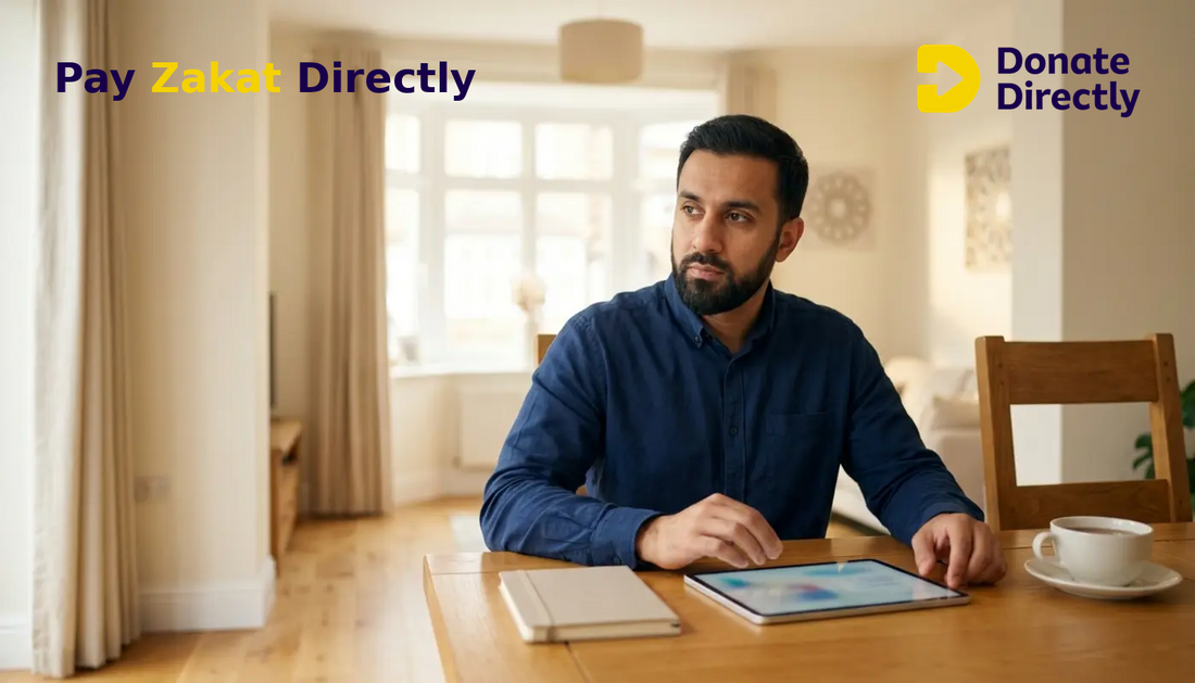British Muslim donor calculating pension Zakat at home with a tablet in bright daylight.