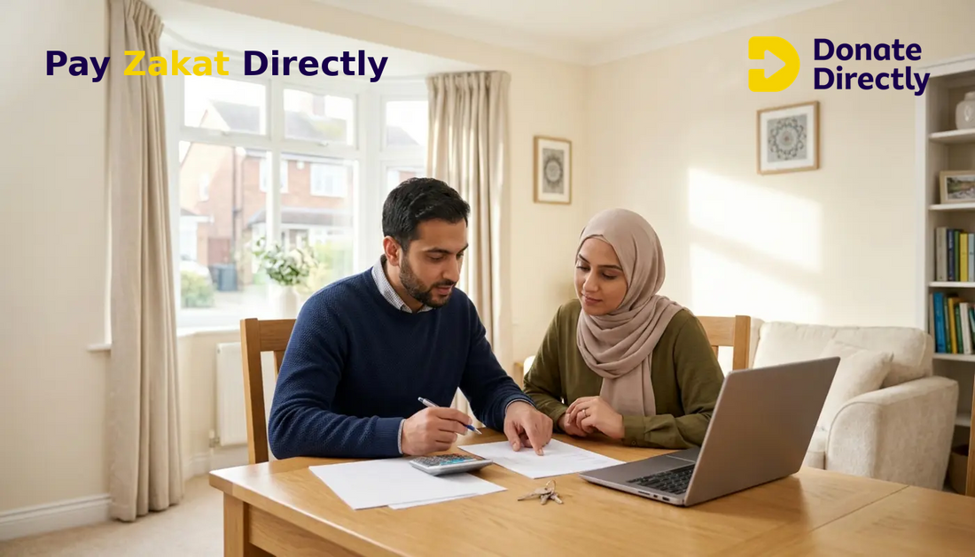 British Muslim couple calculating property Zakat at home with a laptop and house keys.