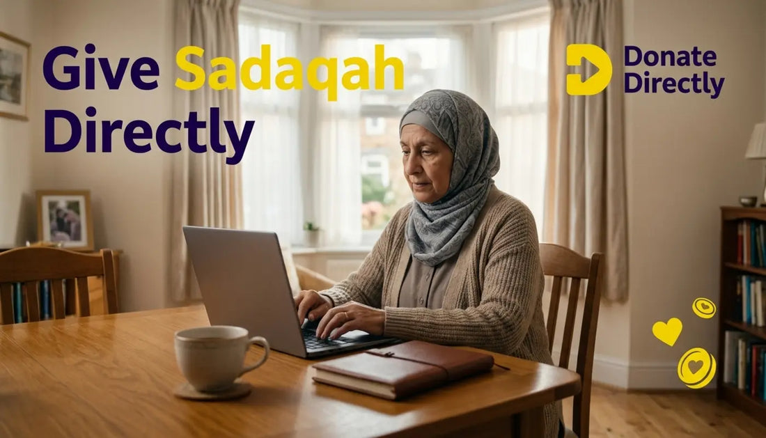 UK Muslim donor giving Sadaqah online at home using a laptop in a warm living room.