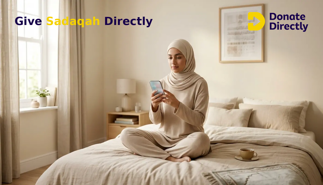 British Muslim woman giving Sadaqah on her phone in a bright UK bedroom after a bad dream.