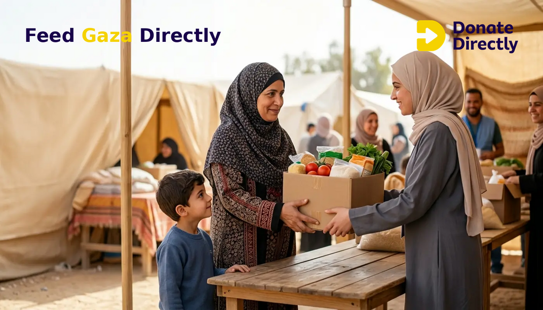Palestinian mother receiving food support with her child in a bright, dignified Gaza relief setting.