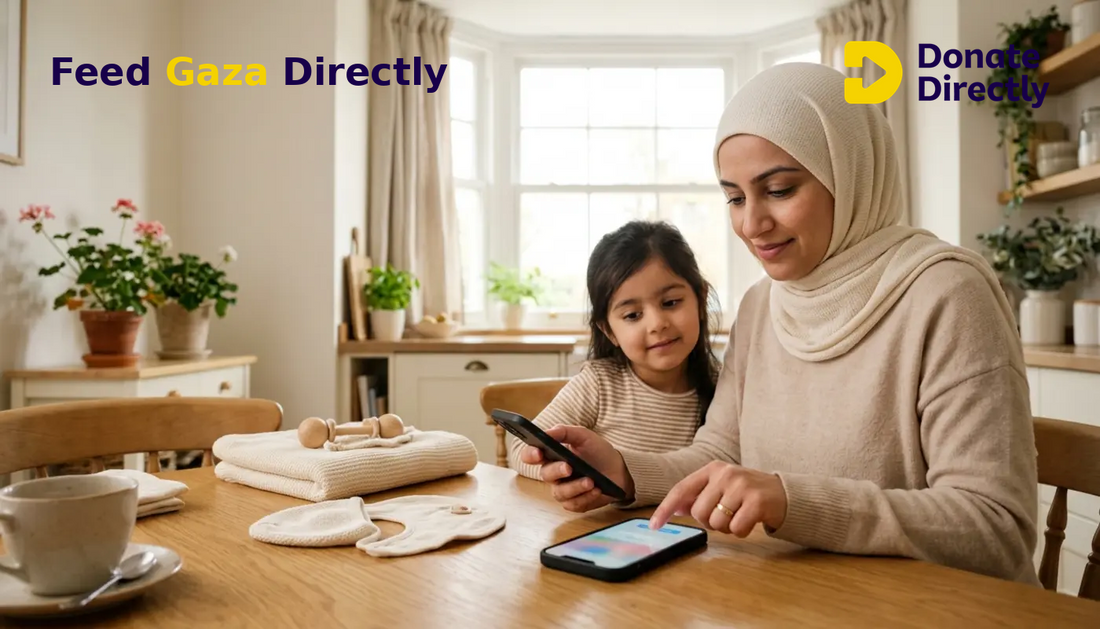 British Muslim mother donating at home to support pregnant women and families in Gaza.