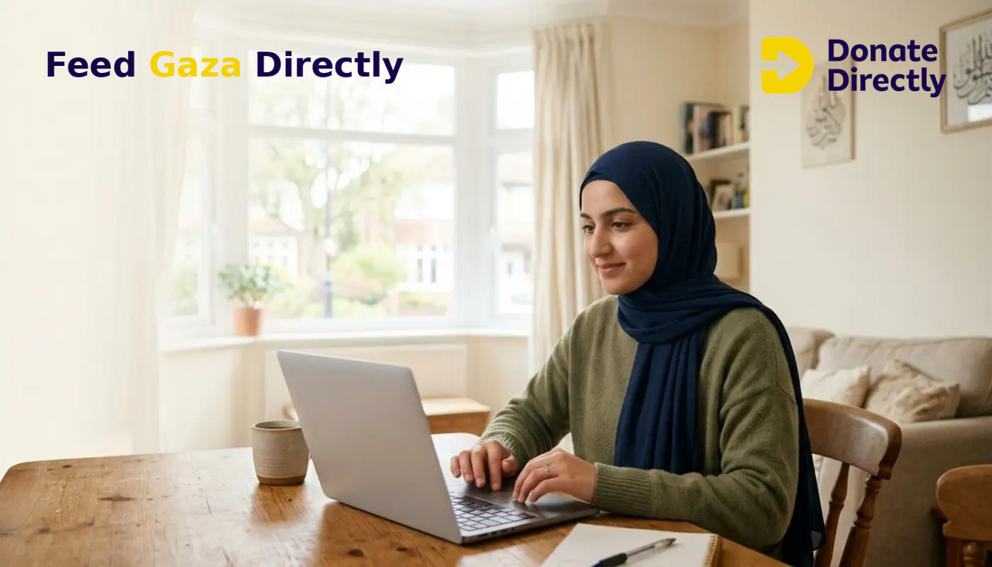 British Muslim volunteer coordinating Gaza support remotely from a bright UK home.