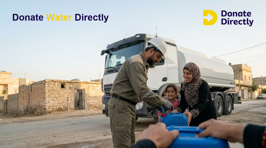 Clean water tanker delivering water to families with a dignified handover scene