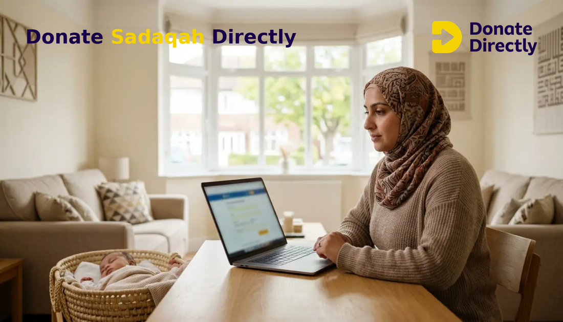British Muslim mother at home verifying a Sadaqah donation for medical aid with her baby nearby.