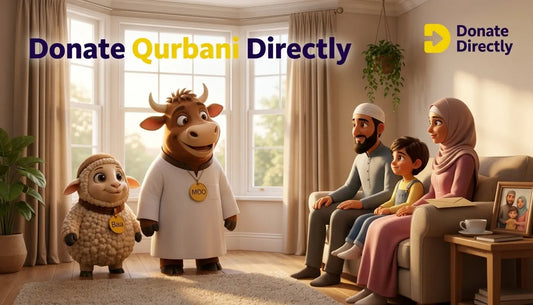Moo and Baa stand in a cosy UK living room during Hajj season with a family nearby, warm light streaming through a window, with the heading Donate Qurbani Directly.