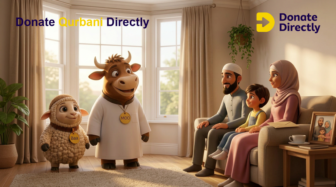 Moo and Baa stand in a cosy UK living room during Hajj season with a family nearby, warm light streaming through a window, with the heading Donate Qurbani Directly.