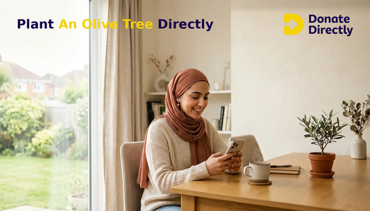 UK Muslim woman donating on phone at home to plant an olive tree as ongoing charity