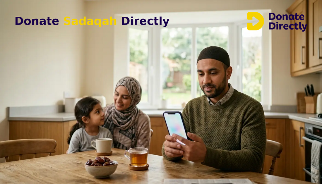 British Muslim family donating Sadaqah at home while reviewing Gift Aid on a phone.