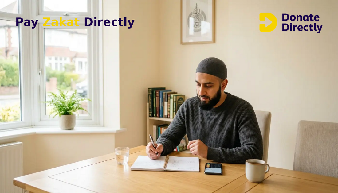British Muslim man calculating Zakat at home with phone and notebook in a bright living space.