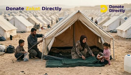 Family setting up a protective tent in a crowded camp as part of emergency shelter support