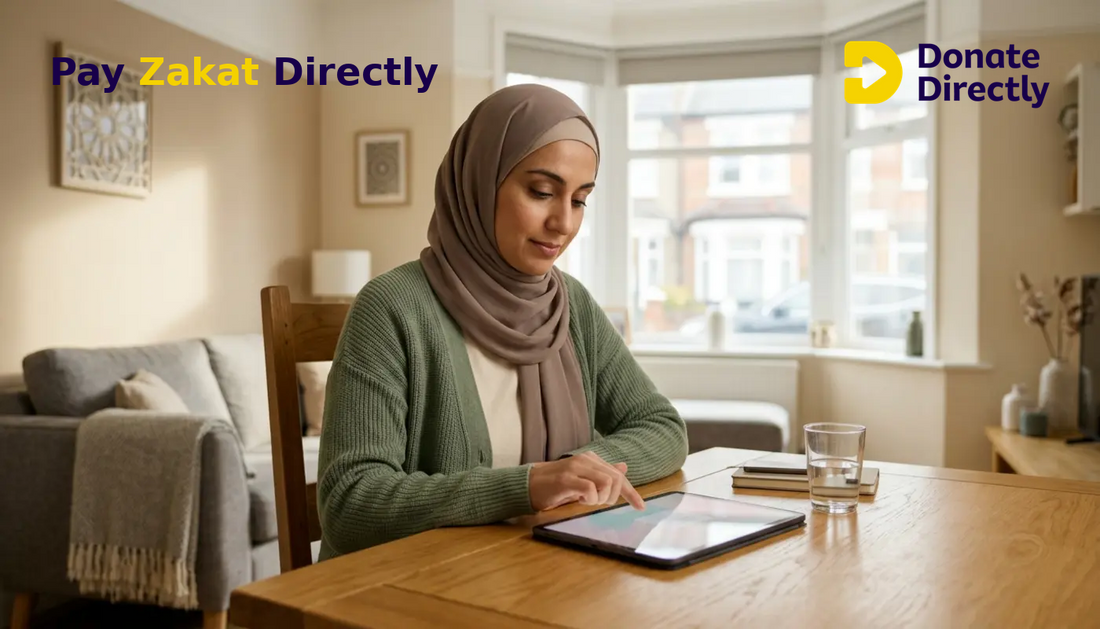 British Muslim woman paying Zakat online in a bright UK Muslim home.