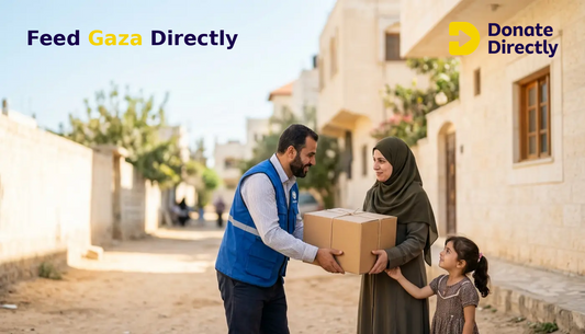 Volunteer giving food aid to a Gaza mother and child in a bright, dignified outdoor setting