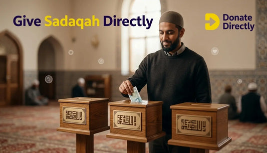 UK mosque donation moment showing Sadaqah giving into a donation box with calm reflective donor.