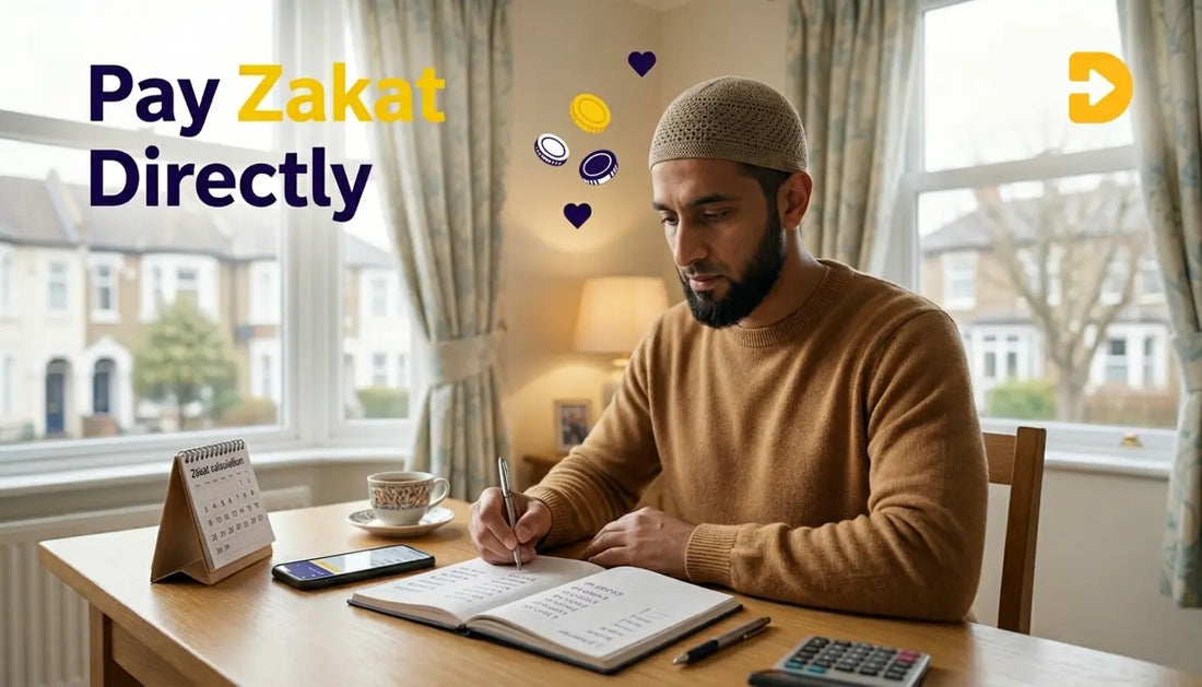 Muslim in UK home calculating Zakat with calendar and phone, showing timely Zakat payment.