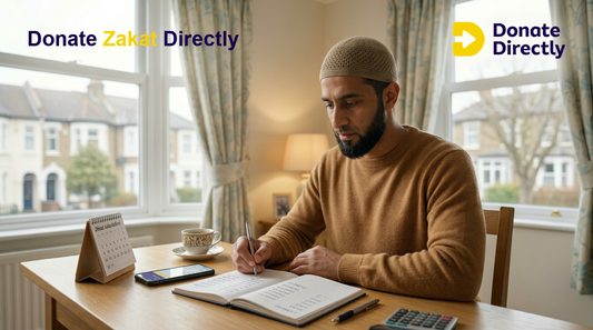 Muslim in UK home calculating Zakat with calendar and phone, showing timely Zakat payment.