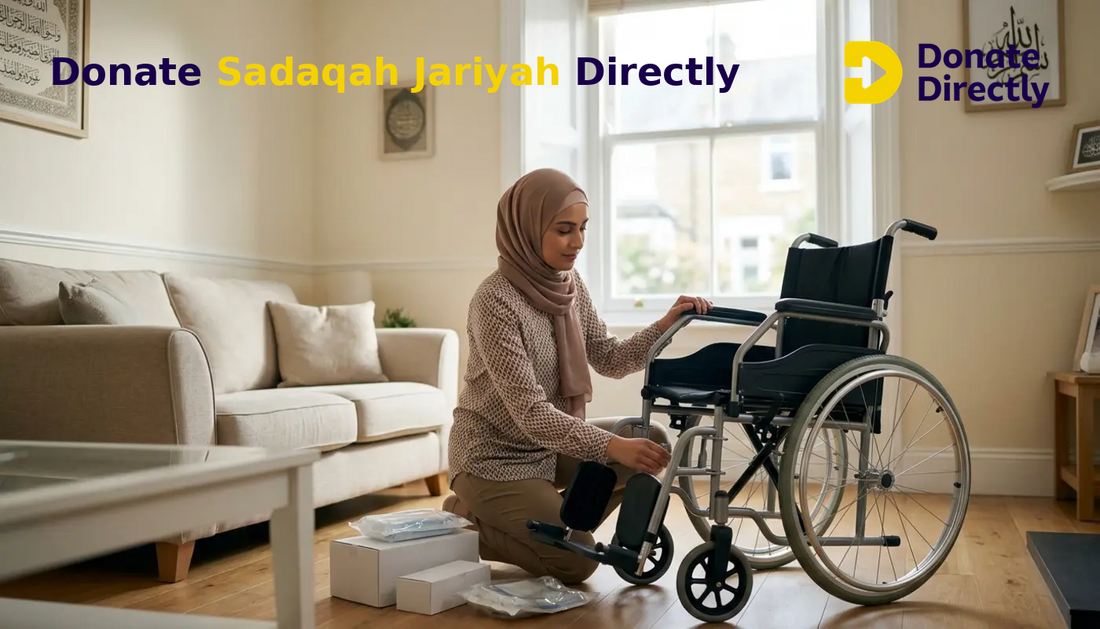 British Muslim donor preparing clean medical equipment for Sadaqah Jariyah in a bright UK home.