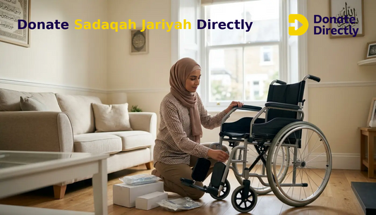 British Muslim donor preparing clean medical equipment for Sadaqah Jariyah in a bright UK home.