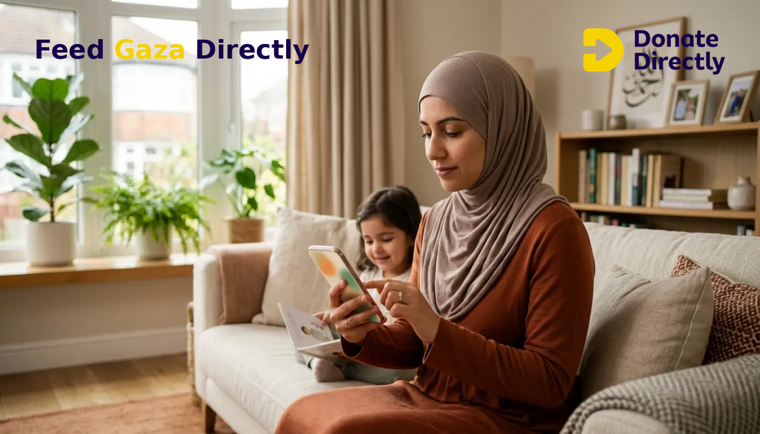 British Muslim mother donating to Gaza emergency relief from a bright UK home.