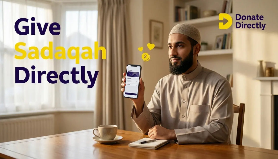 UK Muslim donor giving Sadaqah on phone in a warm home setting