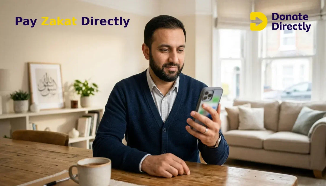 British Muslim father paying Zakat on a phone in a bright UK Muslim home.