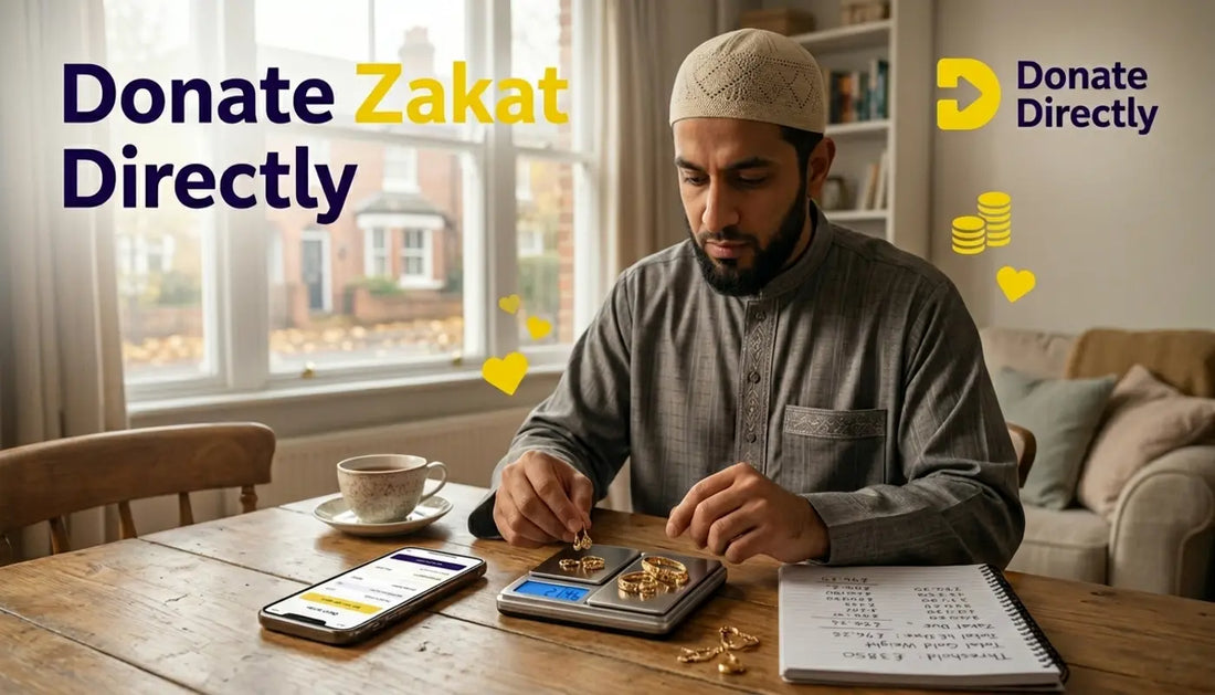UK Muslim calculating Zakat on gold jewellery at home using scale and phone.
